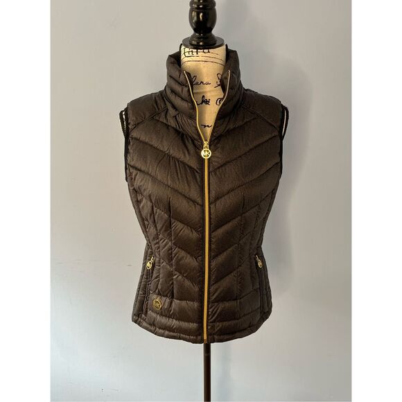 MICHAEL Michael Kors Jackets & Blazers - Michael Michael Kors Women’s Size M Dark Gray Puffer Vest Jacket Full Zip Gold